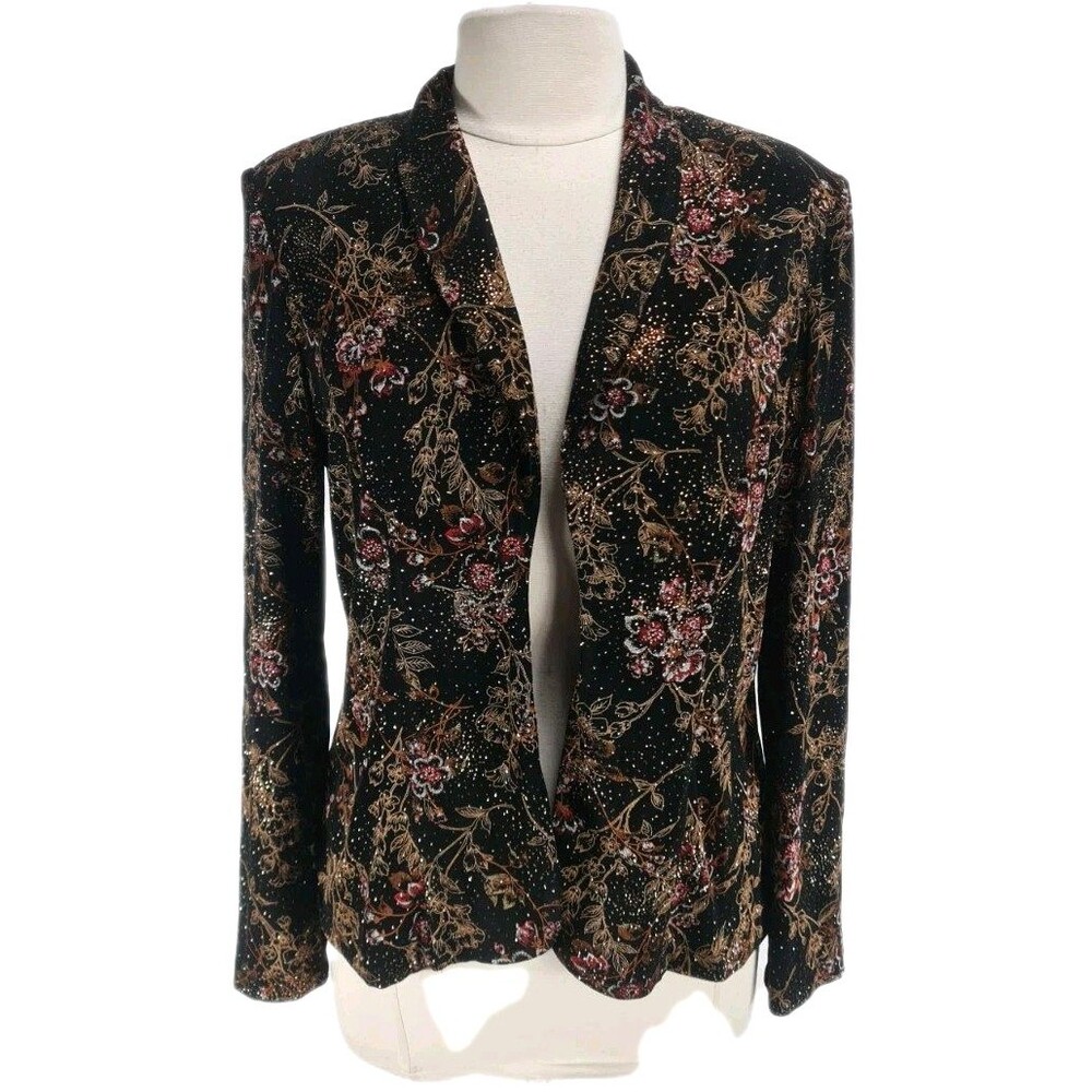 ALEX EVENINGS Women Open Front Jacket Size L Floral Glitter Slinky Knit 116A